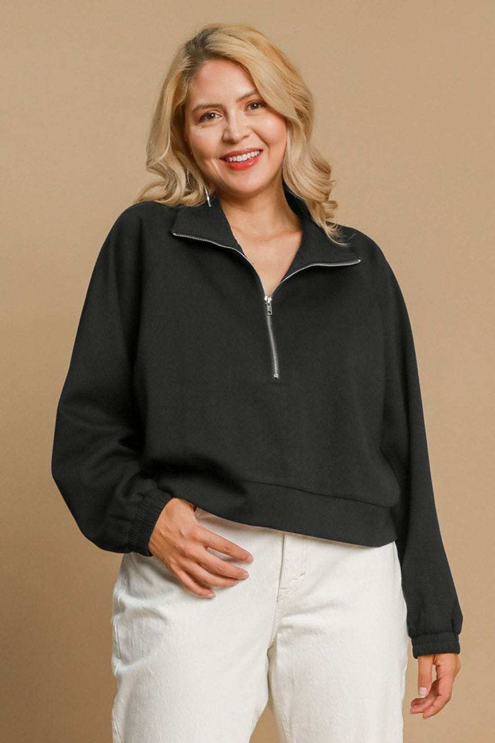 Umgee Full Size Half Zip Cropped Sweatshirt Plus Size - Trendsi - Flyclothing LLC
