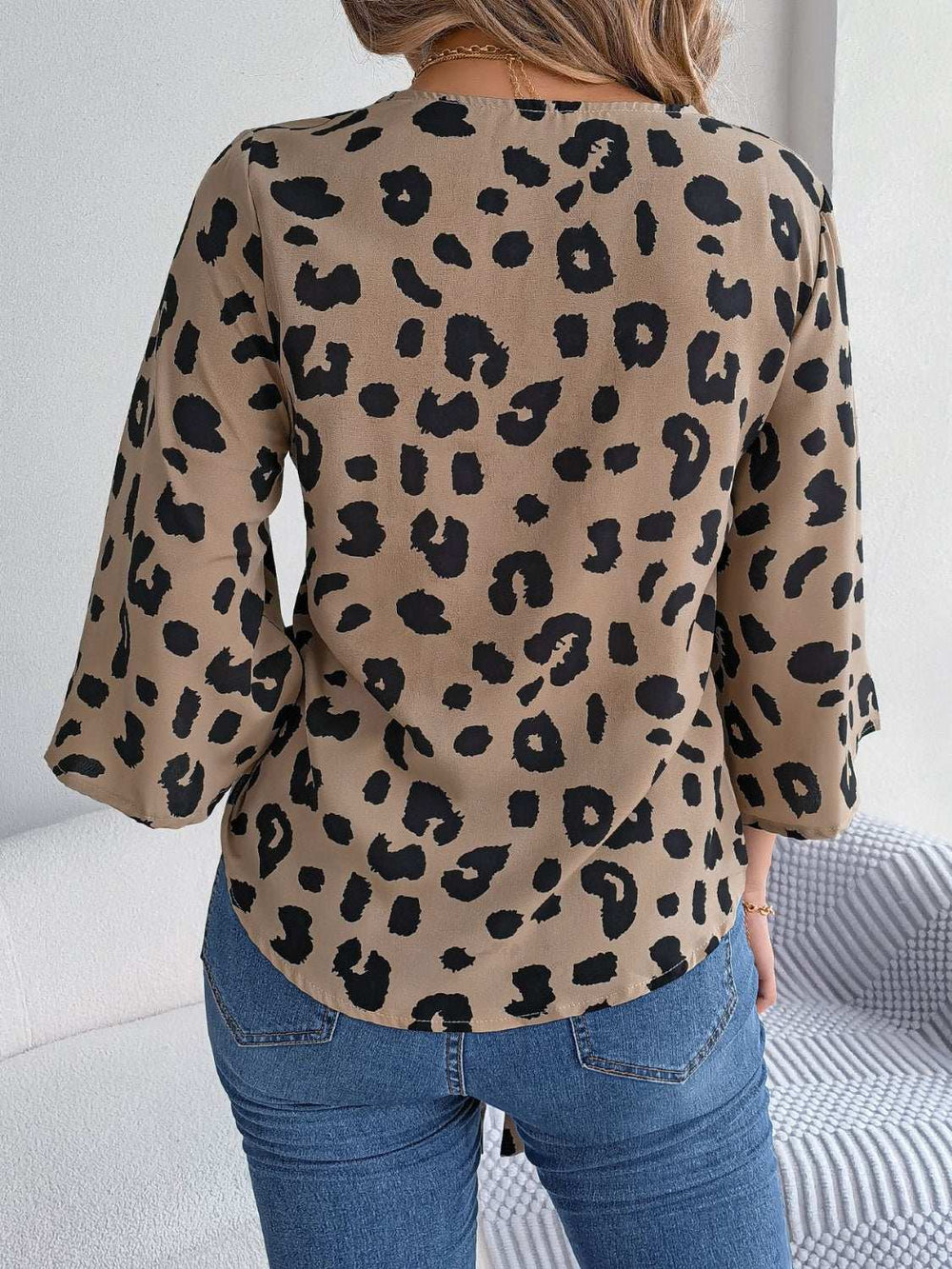 Tied Button Up Leopard V-Neck Blouse - Trendsi - Flyclothing LLC
