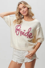 BiBi Metallic Letter Short Puff Sleeve Hairy Sweater - Trendsi - Flyclothing LLC