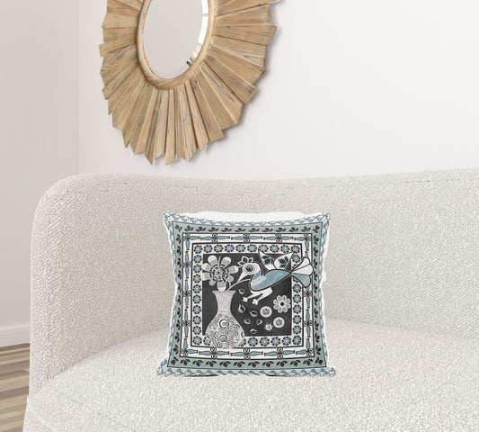 18" X 18" Black and Blue Peacock Broadcloth Floral Zippered Pillow