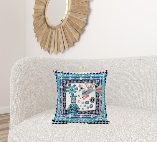 18" X 18" Blue and Off White Peacock Broadcloth Floral Zippered Pillow