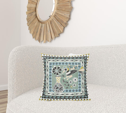 20" X 20" Green and Black Peacock Broadcloth Floral Zippered Pillow
