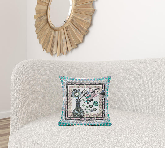 16" X 16" Black and Gray Peacock Broadcloth Floral Zippered Pillow