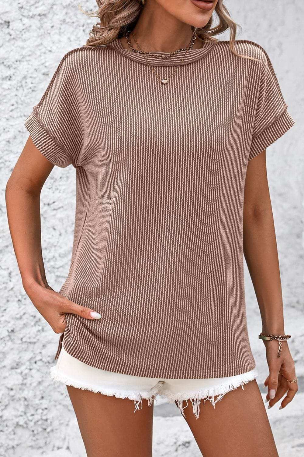 Striped Round Neck Short Sleeve T-Shirt - Trendsi - Flyclothing LLC
