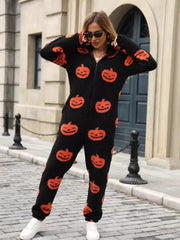 Fuzzy Pumpkin Half Zip Hooded Jumpsuit - Trendsi
