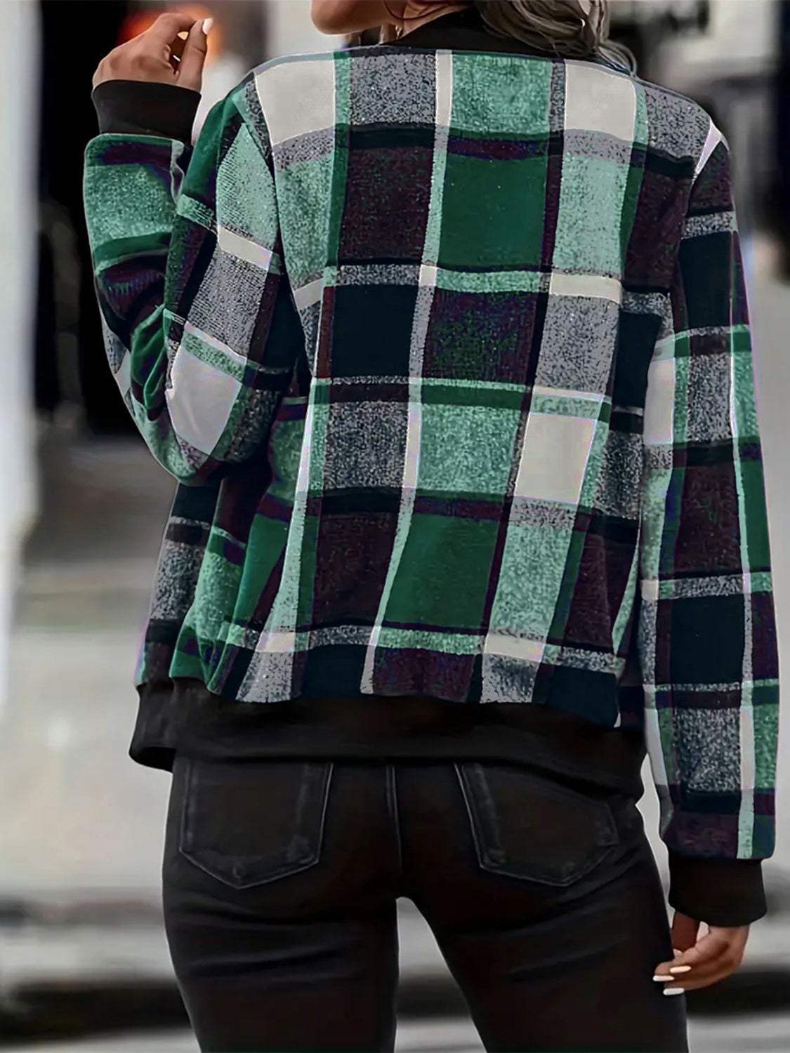 Plus Size Plaid Baseball Collar Zip Up Jacket - Trendsi - Flyclothing LLC