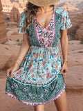 Printed V-Neck Flutter Sleeve Dress - Trendsi