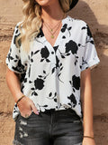Full Size Printed Notched Short Sleeve Blouse - Trendsi