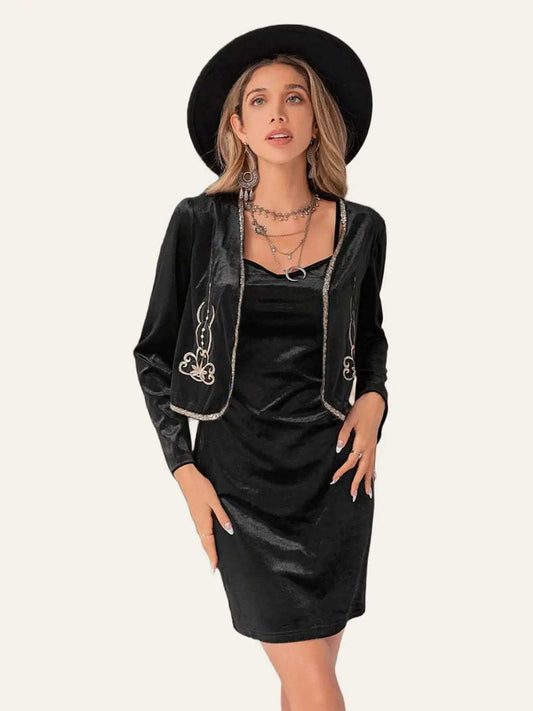 Embroidered Open Front Cardigan and Cami Dress Set - Trendsi - Flyclothing LLC
