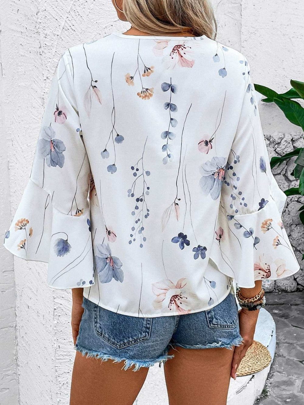 Ruffled Printed V-Neck Half Sleeve Blouse - Trendsi - Flyclothing LLC