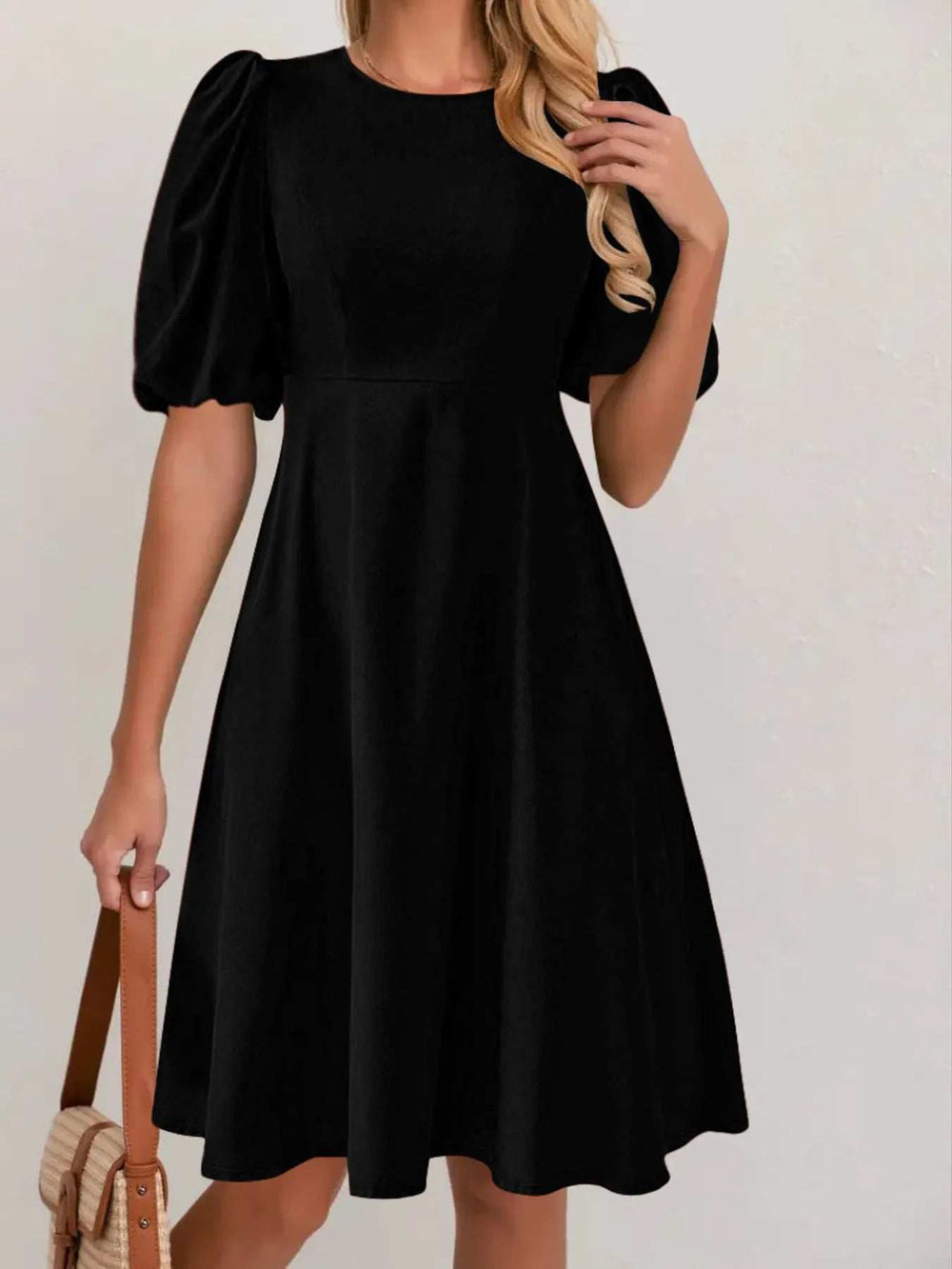 Round Neck Puff Sleeve A-Line Dress - Trendsi - Flyclothing LLC