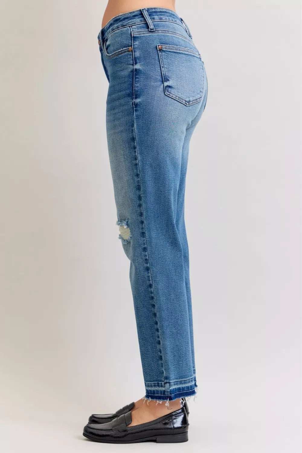 Judy Blue Full Size Mid Rise Bf Patch & Repair Destroy Release Hem Jeans Plus Size - Trendsi - Flyclothing LLC