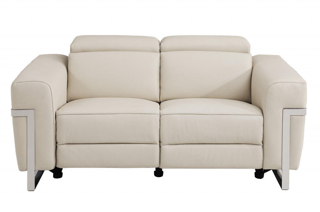 65" Beige And Silver Italian Leather Power Reclining Loveseat - Homeroots - Flyclothing LLC