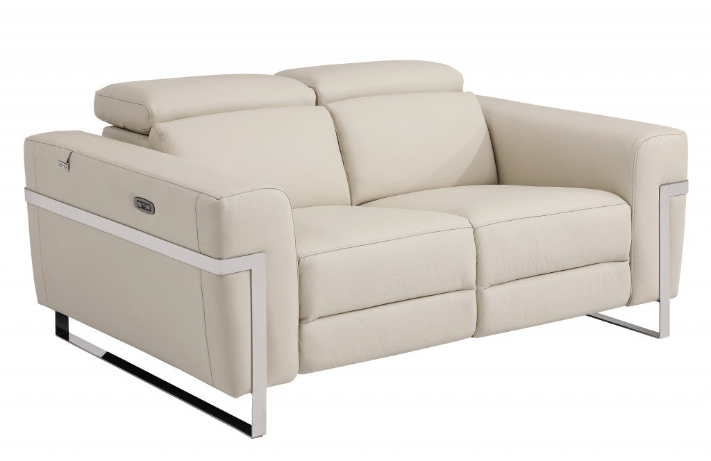 65" Beige And Silver Italian Leather Power Reclining Loveseat - Homeroots - Flyclothing LLC