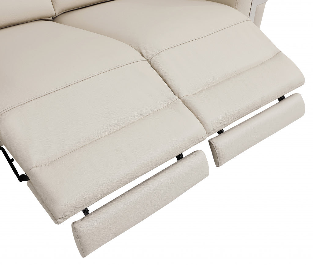 65" Beige And Silver Italian Leather Power Reclining Loveseat - Homeroots - Flyclothing LLC
