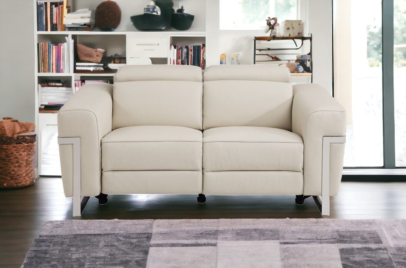 65" Beige And Silver Italian Leather Power Reclining Loveseat - Homeroots - Flyclothing LLC