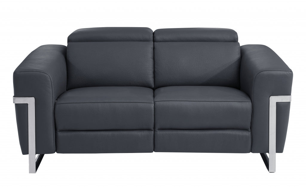 65" Gray And Silver Italian Leather Power Reclining Loveseat - Homeroots - Flyclothing LLC