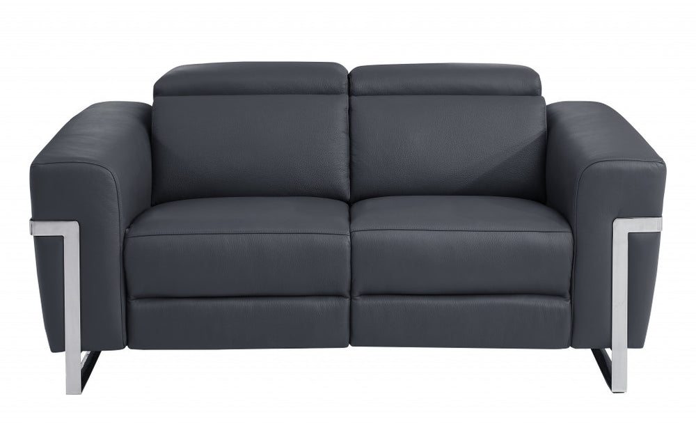 65" Gray And Silver Italian Leather Power Reclining Loveseat - Homeroots