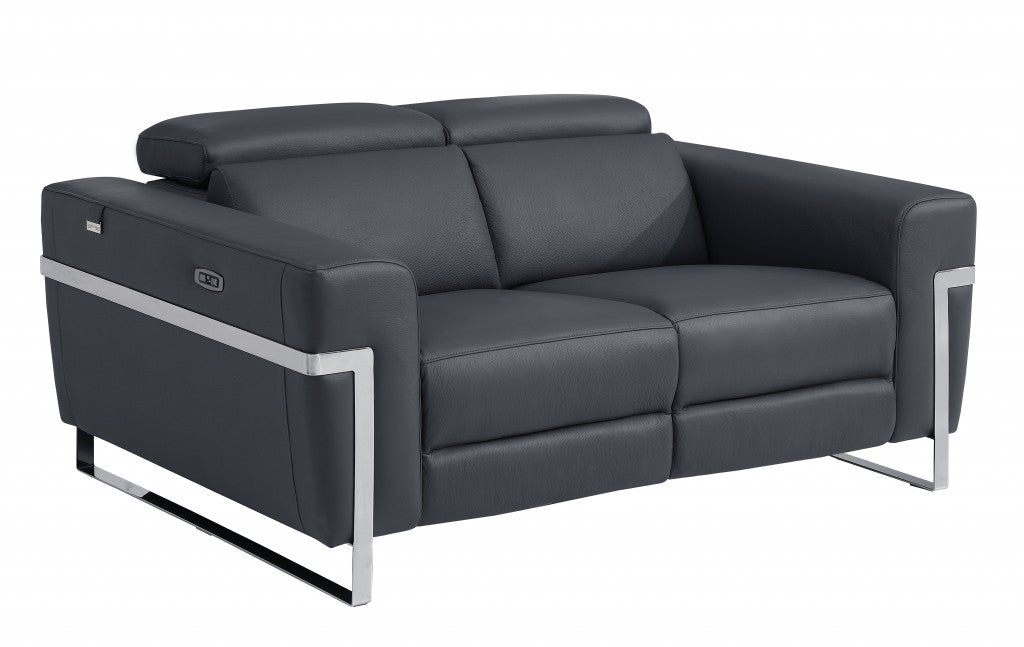 65" Gray And Silver Italian Leather Power Reclining Loveseat - Homeroots - Flyclothing LLC