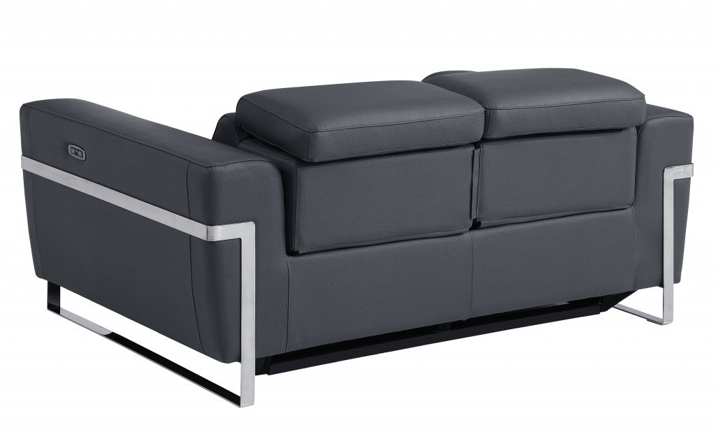 65" Gray And Silver Italian Leather Power Reclining Loveseat - Homeroots - Flyclothing LLC