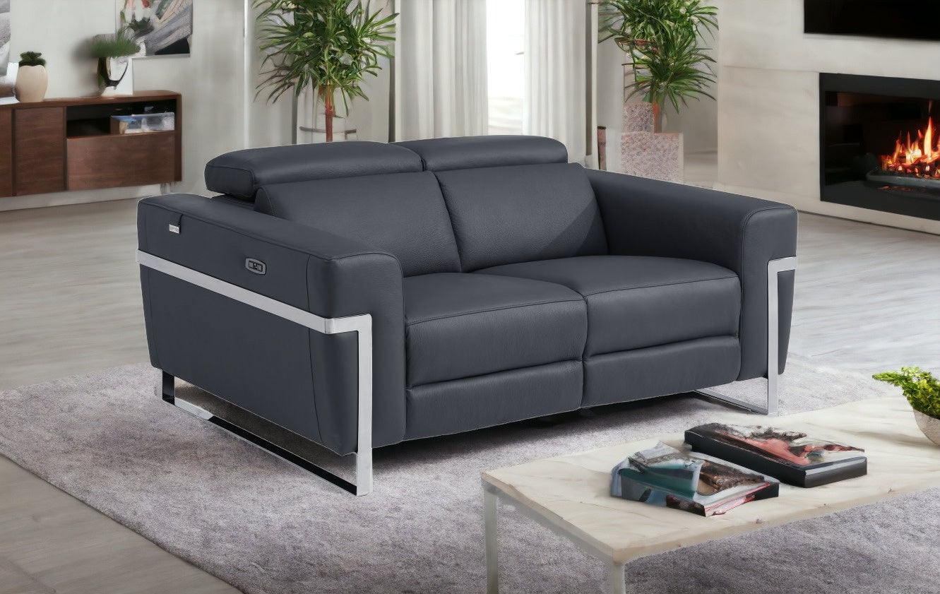 65" Gray And Silver Italian Leather Power Reclining Loveseat - Homeroots - Flyclothing LLC