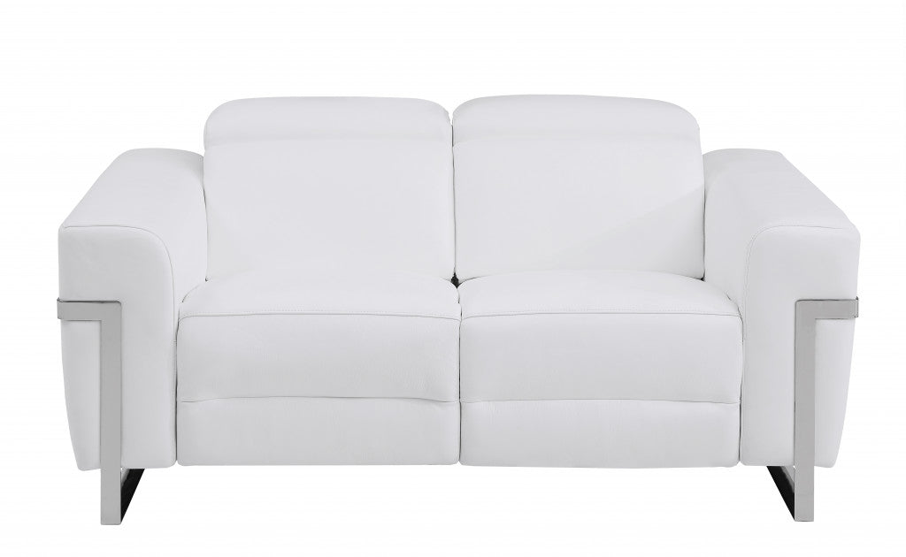65" White And Silver Italian Leather Power Reclining Loveseat - Homeroots - Flyclothing LLC