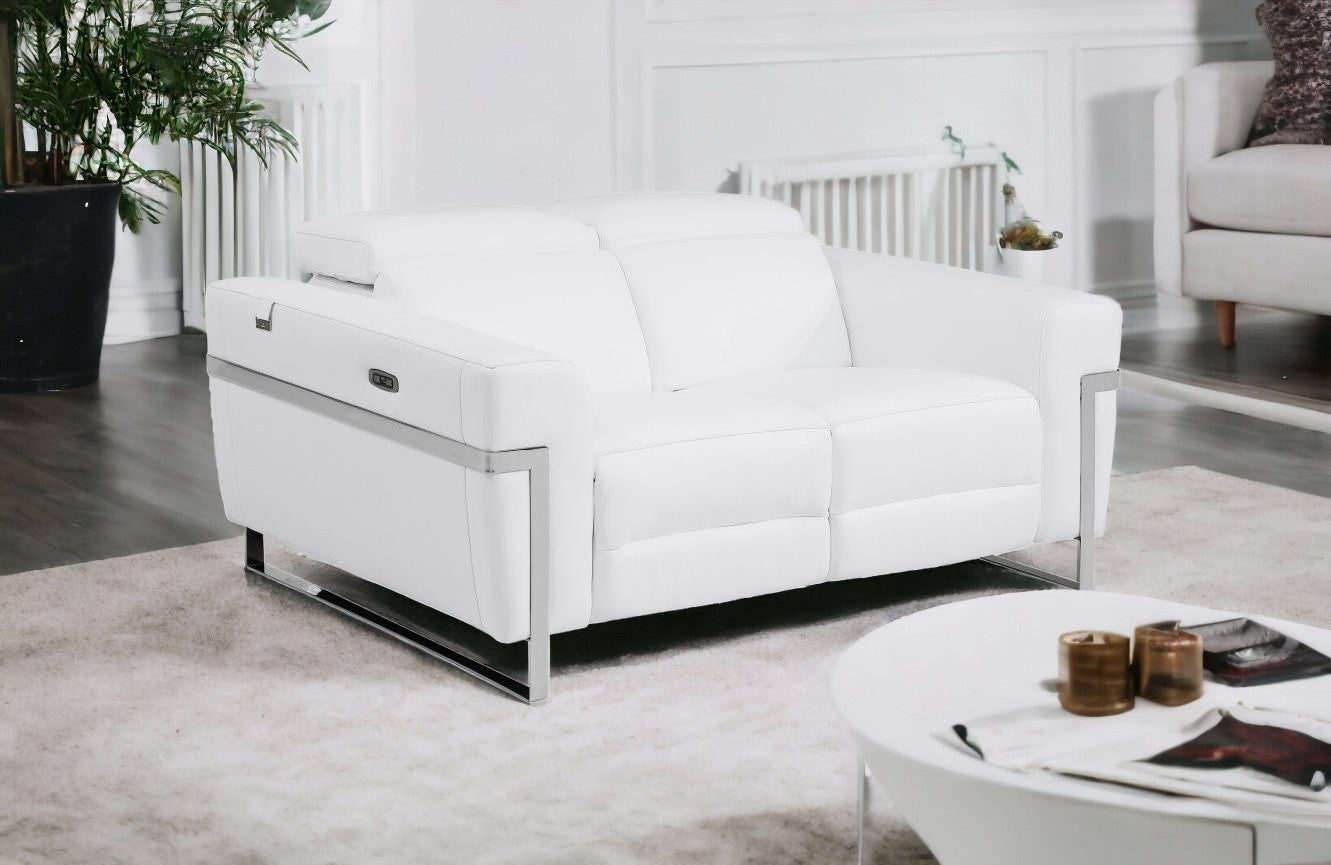 65" White And Silver Italian Leather Power Reclining Loveseat - Homeroots - Flyclothing LLC