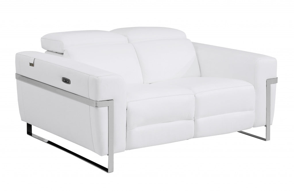 65" White And Silver Italian Leather Power Reclining Loveseat - Homeroots - Flyclothing LLC