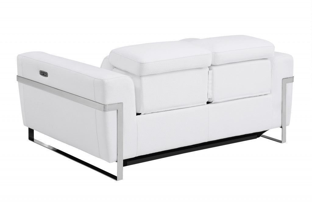 65" White And Silver Italian Leather Power Reclining Loveseat - Homeroots - Flyclothing LLC
