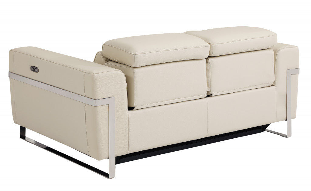 65" Beige And Silver Italian Leather Power Reclining Loveseat - Homeroots - Flyclothing LLC