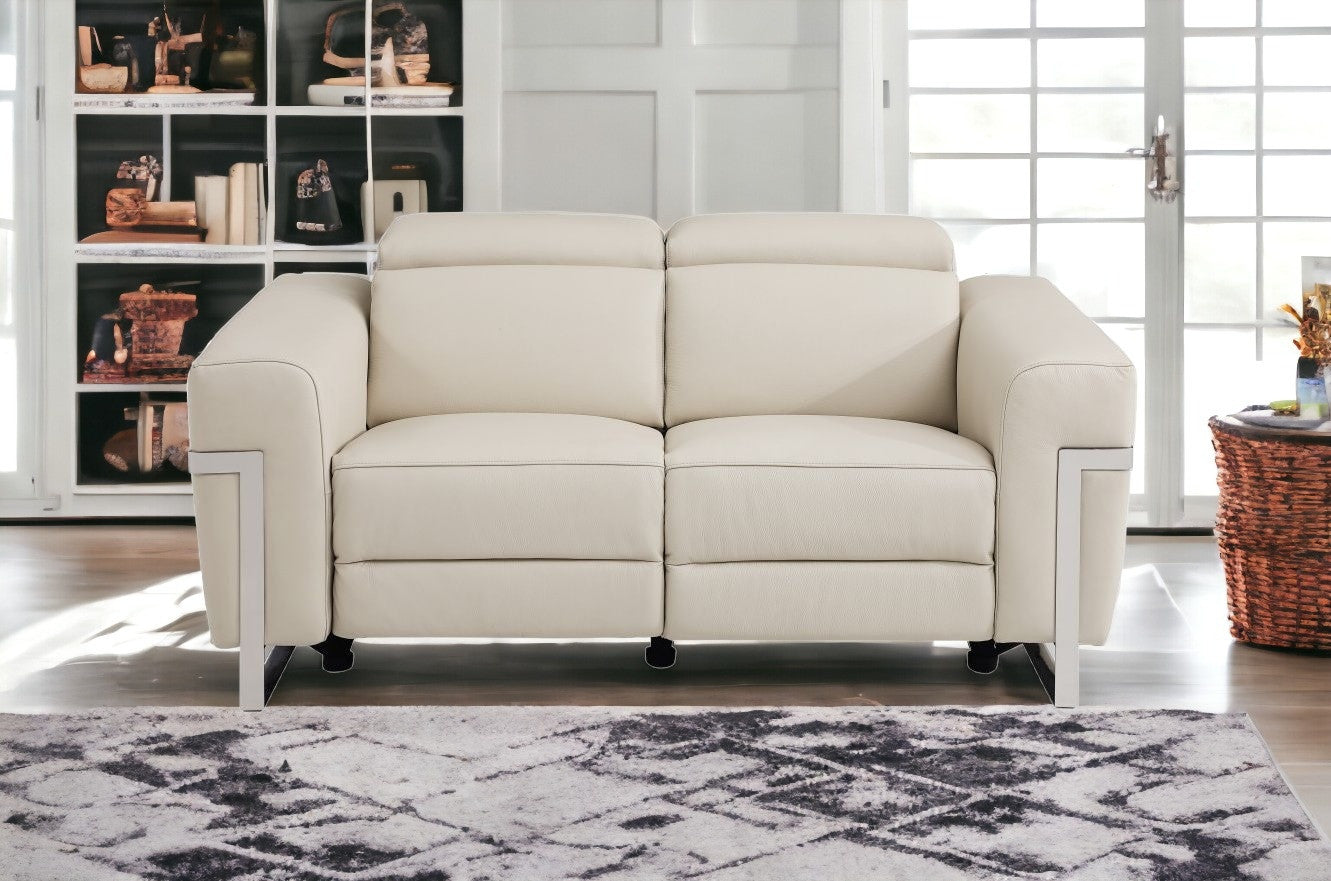65" Beige And Silver Italian Leather Power Reclining Loveseat - Homeroots - Flyclothing LLC