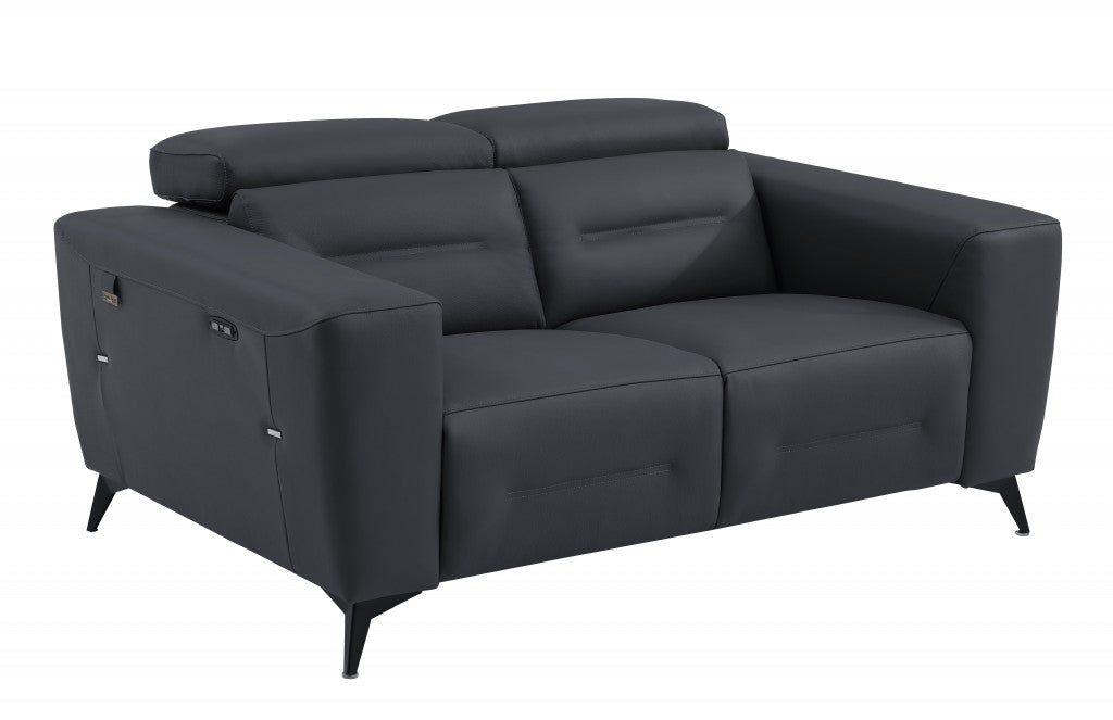 65" Gray And Black Italian Leather Power Reclining Loveseat - Homeroots - Flyclothing LLC
