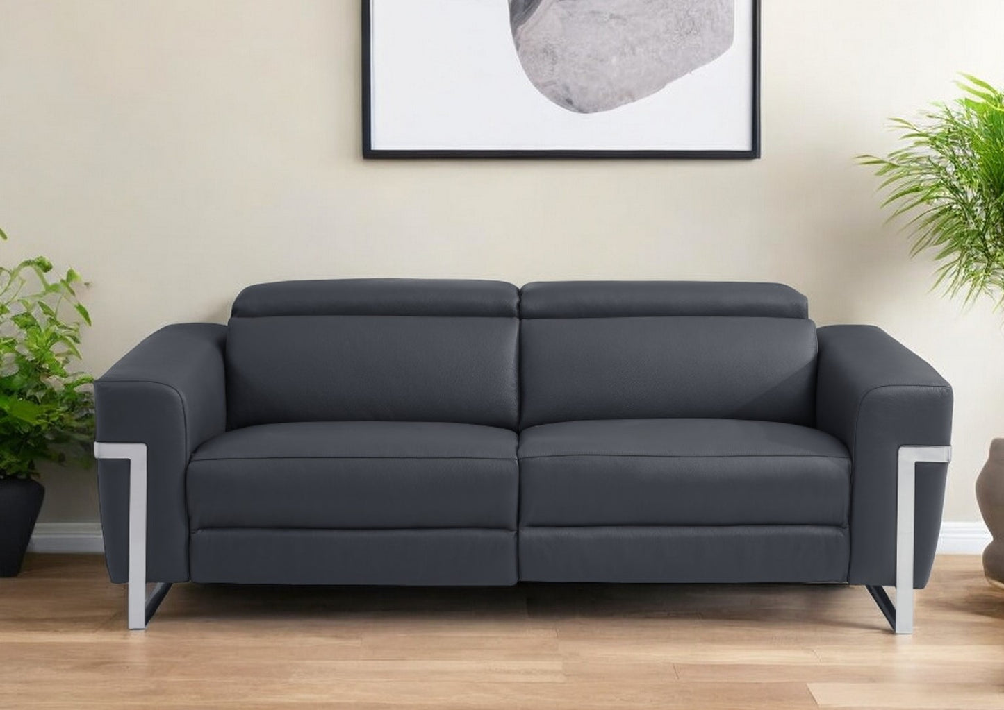 83" Dark Gray Italian Leather USB Reclining Sofa With Silver Legs - Homeroots - Flyclothing LLC