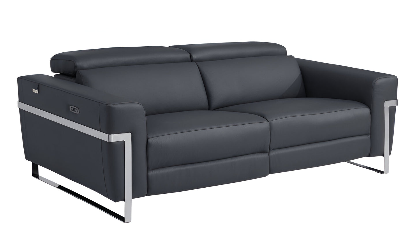83" Dark Gray Italian Leather USB Reclining Sofa With Silver Legs - Homeroots - Flyclothing LLC
