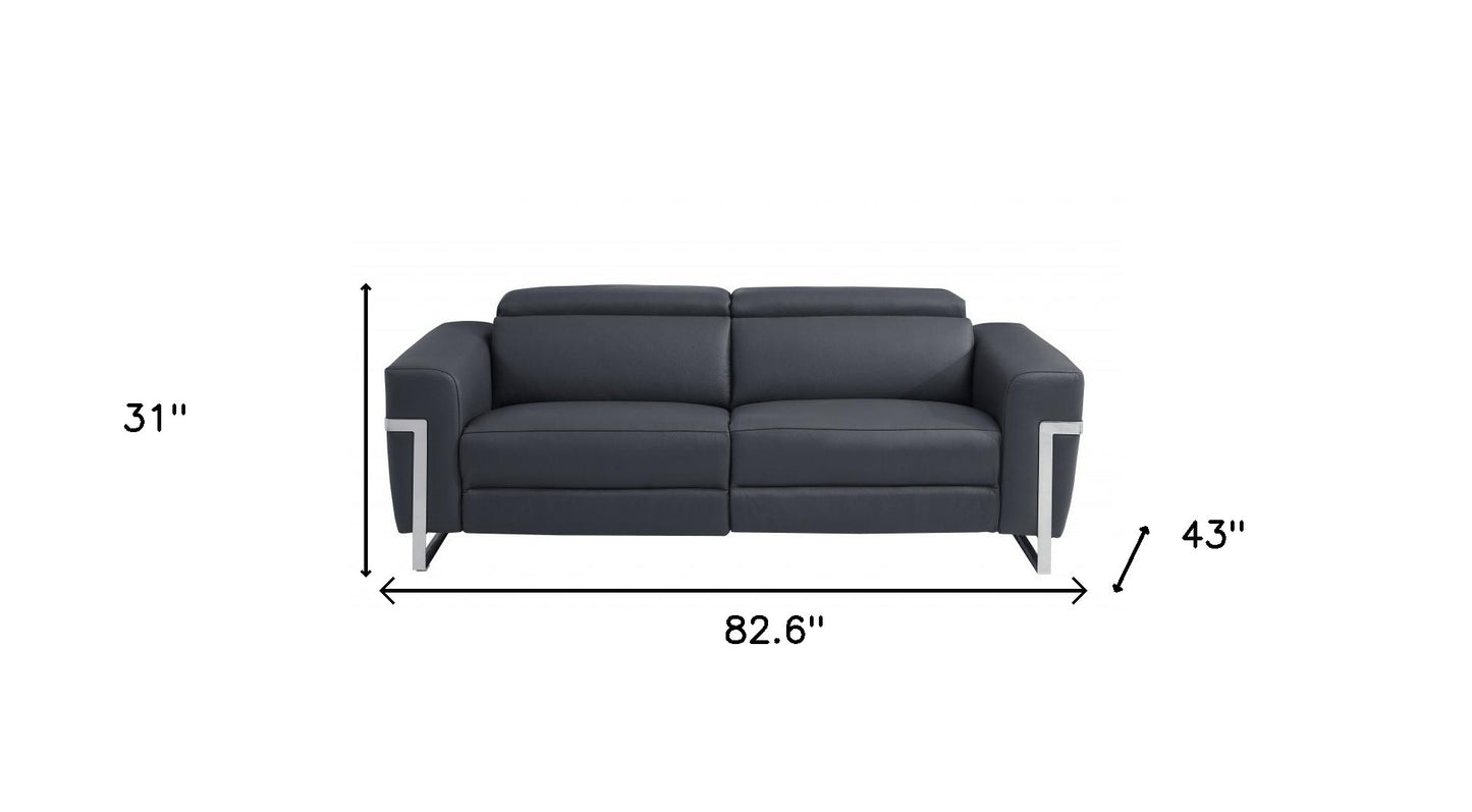 83" Dark Gray Italian Leather USB Reclining Sofa With Silver Legs - Homeroots - Flyclothing LLC
