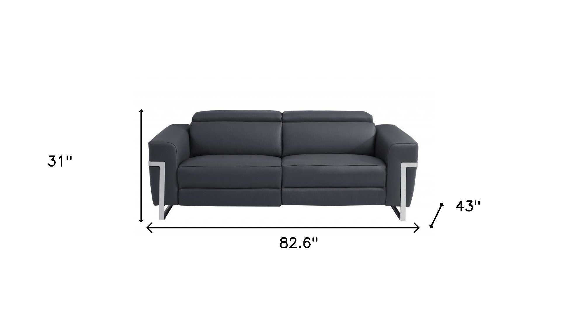 83" Dark Gray Italian Leather USB Reclining Sofa With Silver Legs - Homeroots - Flyclothing LLC