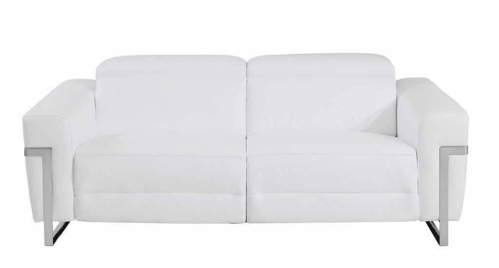 83" White Italian Leather USB Reclining Sofa With Chrome Legs - Homeroots - Flyclothing LLC