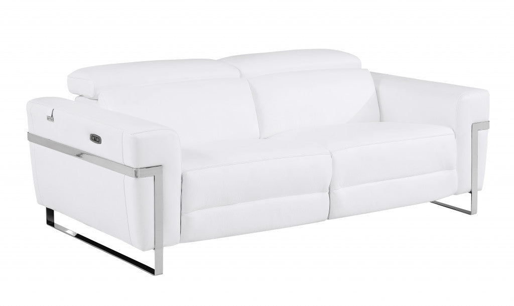 83" White Italian Leather USB Reclining Sofa With Chrome Legs - Homeroots - Flyclothing LLC