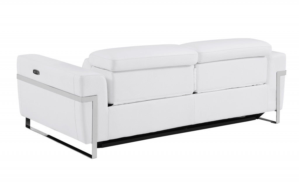 83" White Italian Leather USB Reclining Sofa With Chrome Legs - Homeroots - Flyclothing LLC