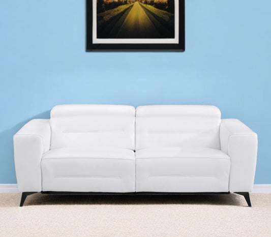 83" White Italian Leather USB Reclining Sofa With Black Legs - Homeroots