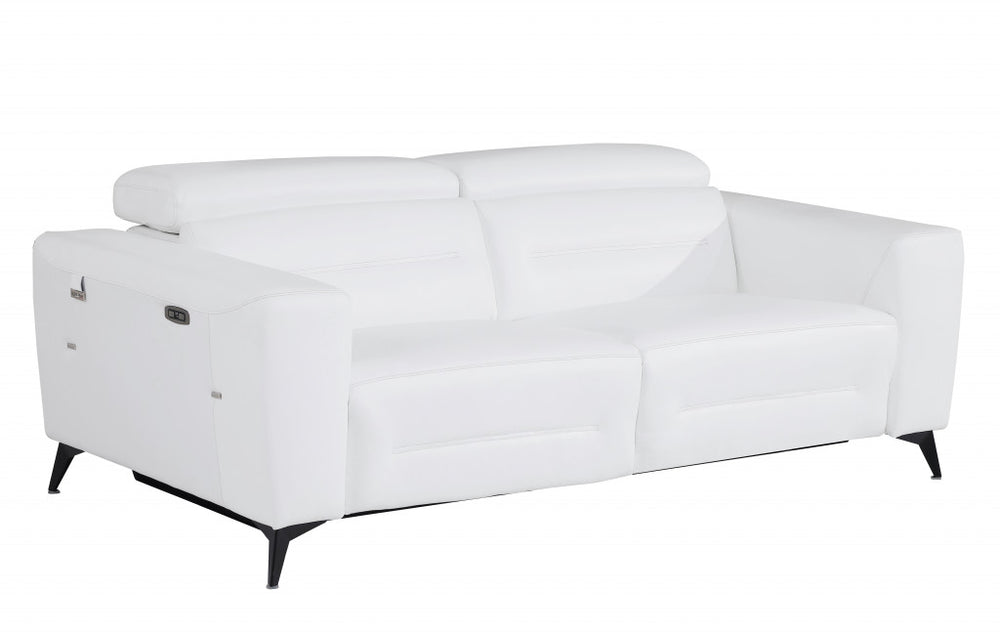 83" White Italian Leather USB Reclining Sofa With Black Legs - Homeroots - Flyclothing LLC