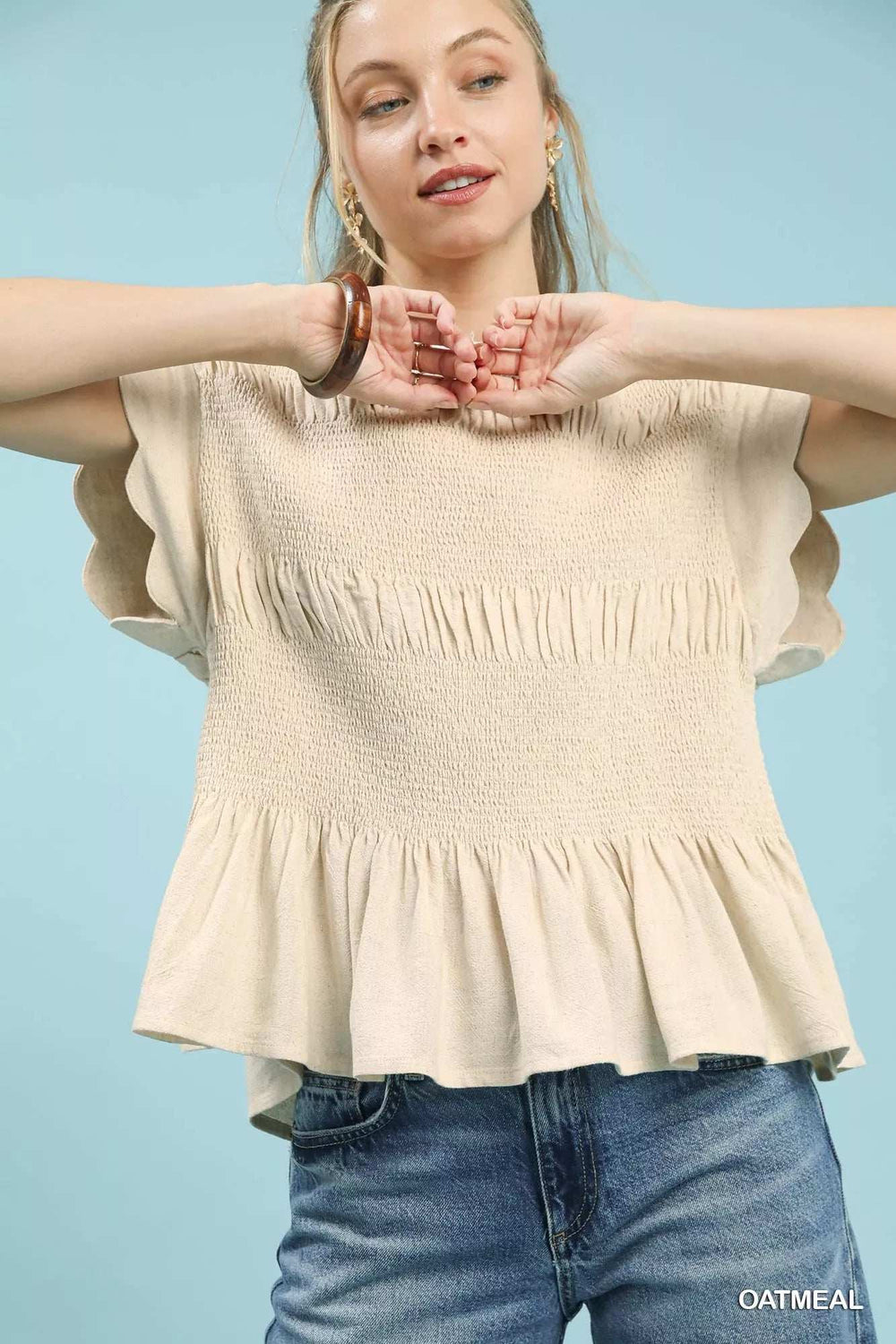 Umgee Linen Blend Smocked Peplum Blouse - Trendsi - Flyclothing LLC