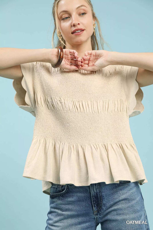 Umgee Linen Blend Smocked Peplum Blouse - Trendsi - Flyclothing LLC