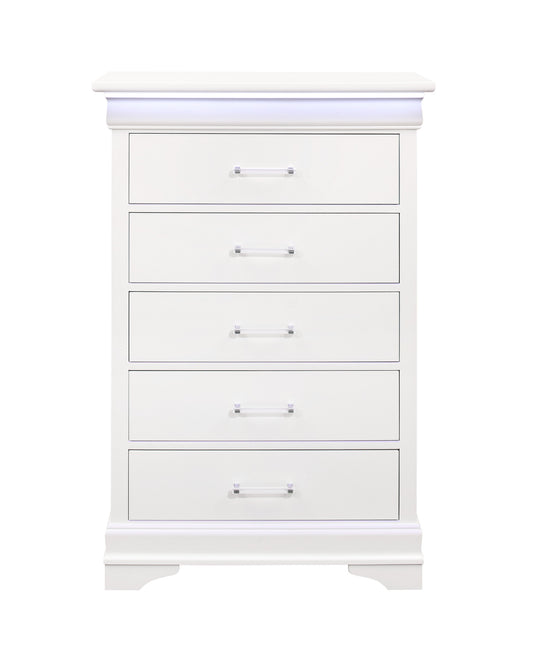 16" White Solid Wood Five Drawer Chest with LED Lighting - Homeroots