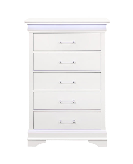 16" White Solid Wood Five Drawer Chest with LED Lighting - Homeroots