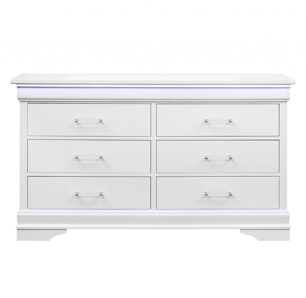59" White Solid Wood Six Drawer Double Dresser with LED - Homeroots - Flyclothing LLC