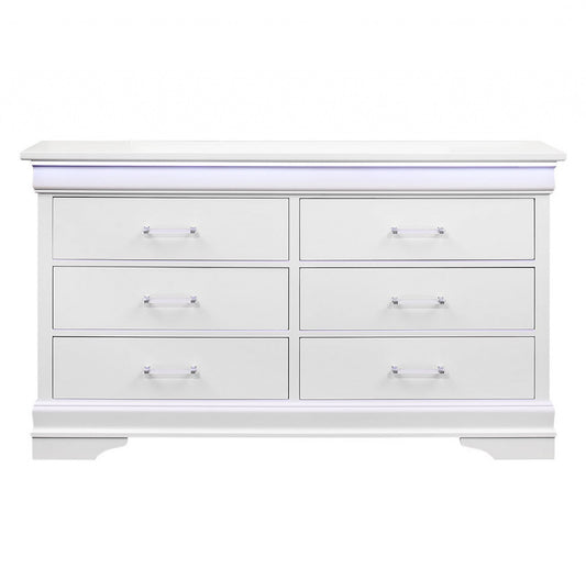 59" White Solid Wood Six Drawer Double Dresser with LED - Homeroots