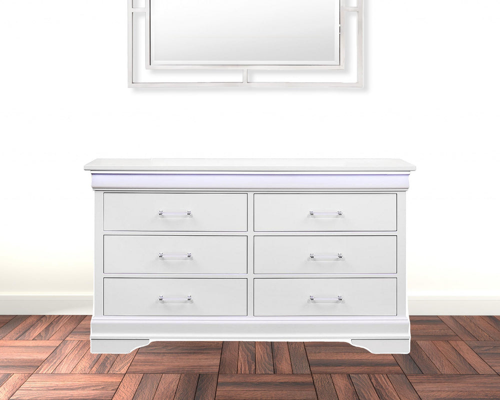 59" White Solid Wood Six Drawer Double Dresser with LED - Homeroots - Flyclothing LLC