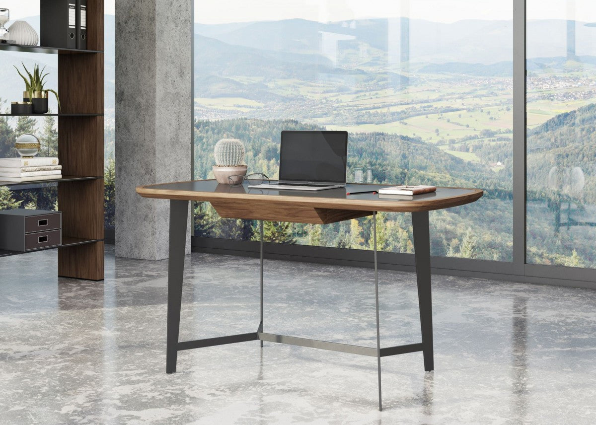 55" Walnut And Black Glass Rectangular Writing Desk - Homeroots - Flyclothing LLC