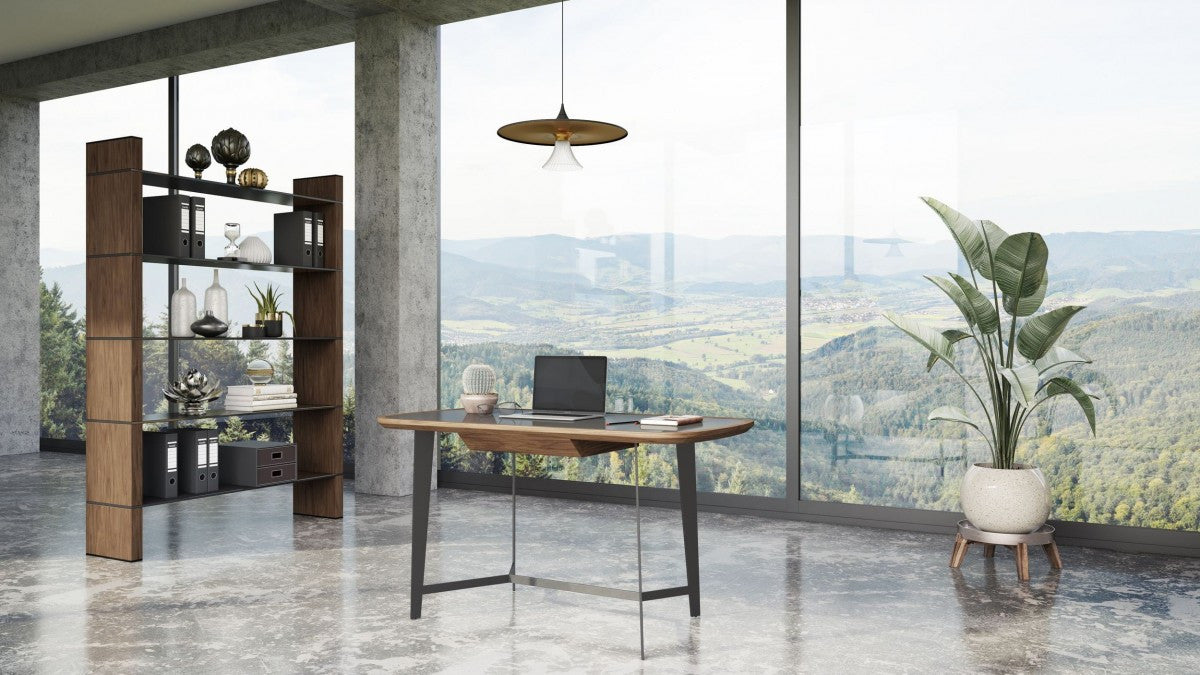 55" Walnut And Black Glass Rectangular Writing Desk - Homeroots - Flyclothing LLC